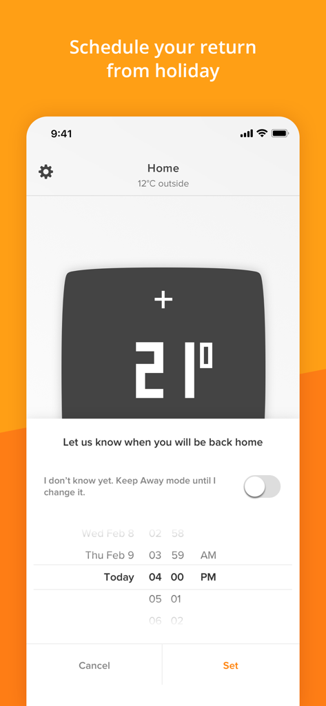 Interface de l'application Netatmo Energy montrant l'écran de planification pour définir une date et une heure de retour de vacances pour le chauffage automatisé.