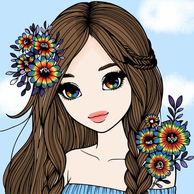realistic girl with long hair and flowers
