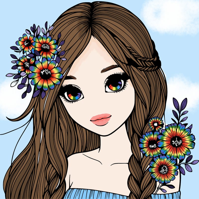realistic girl with long hair and flowers