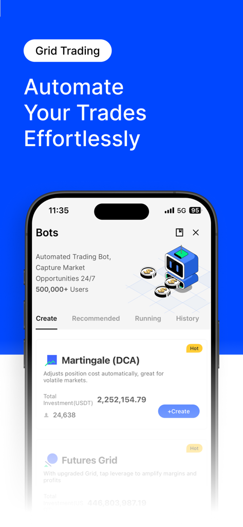 BingX: Buy Bitcoin & Crypto - BingX mobile app interface for automated crypto trading bots and grid trading features.