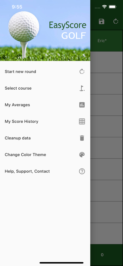 Main navigation menu for the EasyScore Golf Scorecard app showing options like start new round and my averages