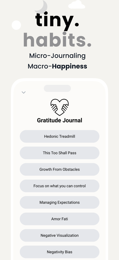 Pantalla de la aplicación Wise Journal que muestra categorías de micro-escritura e indicaciones de gratitud como Crecimiento a partir de obstáculos y Amor Fati.