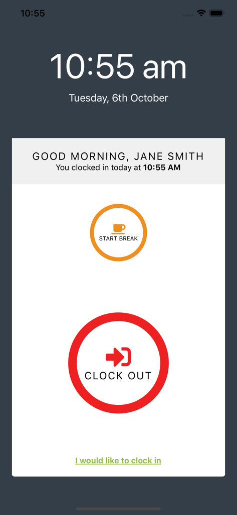 Gig Grafter Punch Clock - Interface of the Gig Grafter Punch Clock app showing buttons for an employee to clock out or start a break