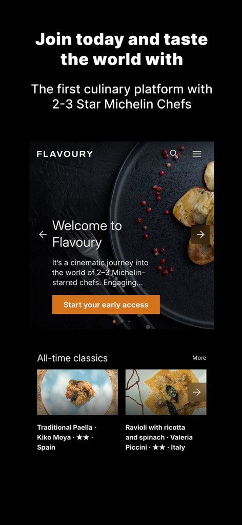 Flavoury.com - Pantalla de inicio de la aplicación Flavoury mostrando recetas gourmet de chefs Michelin de 2 y 3 estrellas