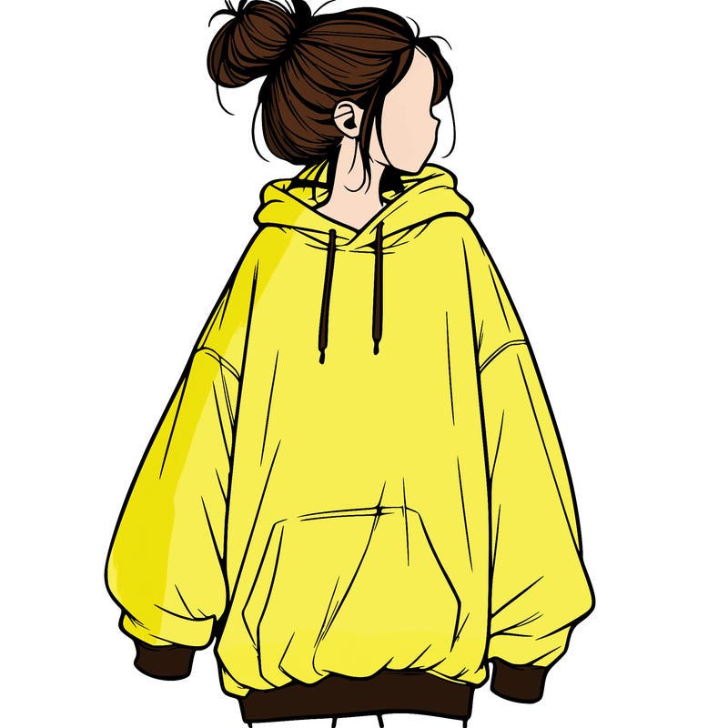 realistic girl with a oversized sweatshirt on and a bun