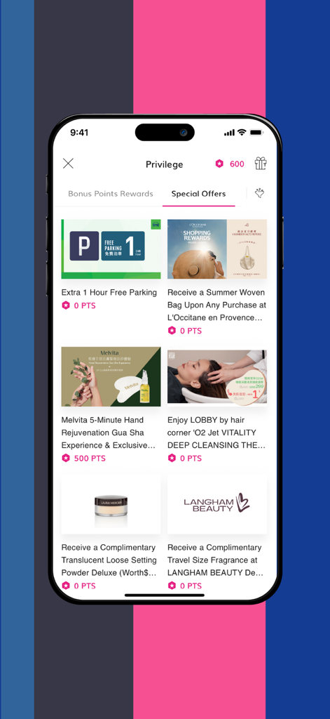 朗豪坊 - Pantalla de la aplicación Langham Place LP Club que muestra varias recompensas de compras y ofertas especiales para miembros