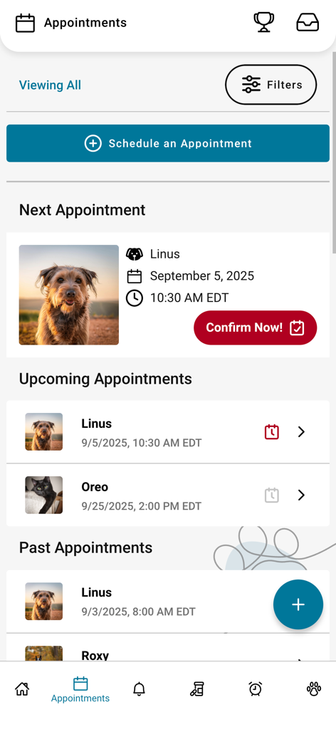 PetPage app interface for viewing and managing upcoming veterinary appointments