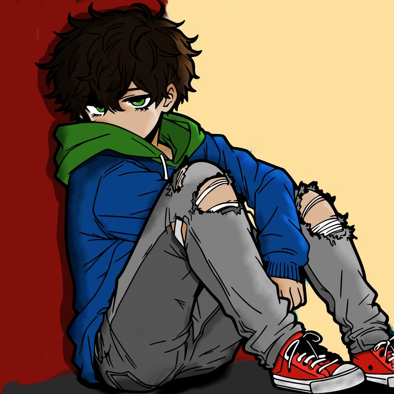 a male hoddie ripped jeans messy hair anime