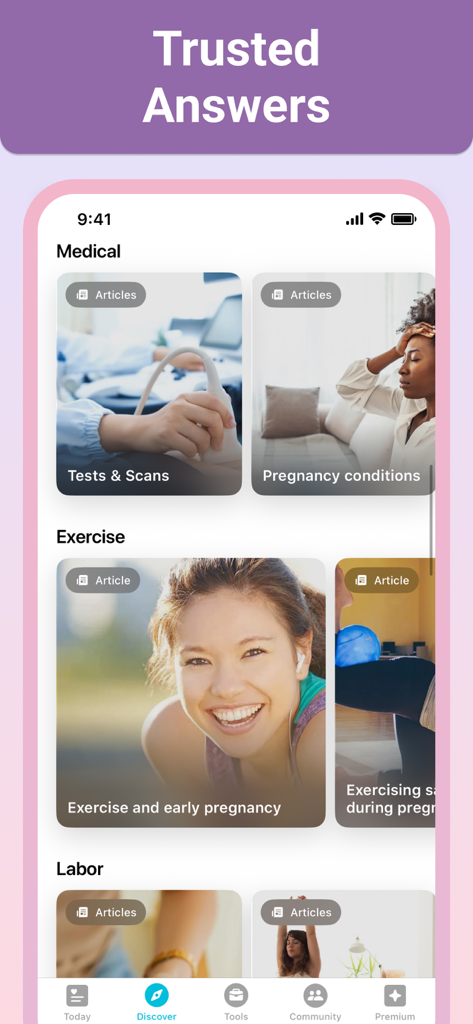 Pregnancy + | Tracker App - The Discover screen of the Pregnancy Plus app showing medical exercise and labor articles under the Trusted Answers heading
