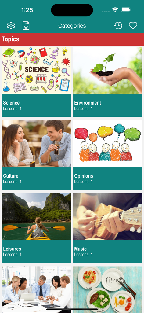 6 Minute English (+Worksheets) - Categories screen of the 6 Minute English app showing various learning topics like Science, Culture, and Environment