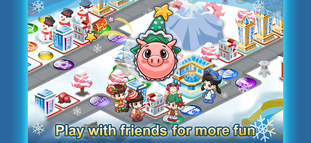 Chibi characters on a winter-themed board game map in Richman 4 Fun