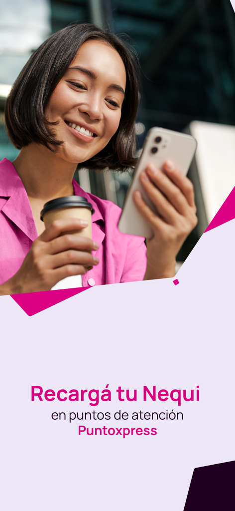 Nequi El Salvador - Mulher sorrindo enquanto usa seu smartphone com texto sobre recarregar Nequi na Puntoxpress