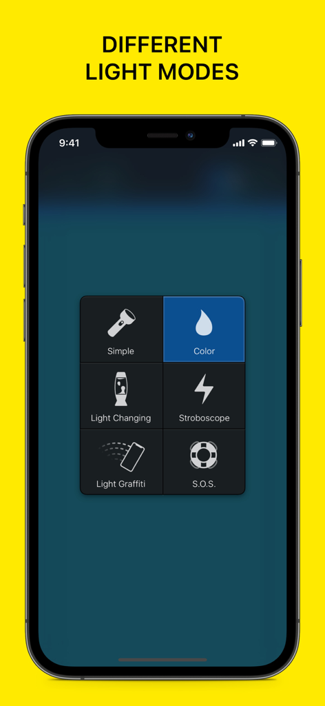 MyLight – Flashlight & LED - Interface do aplicativo de lanterna MyLight mostrando um menu com diferentes modos, incluindo Simples, Cor, Mudança de Luz, Estroboscópio, Grafite de Luz e SOS.