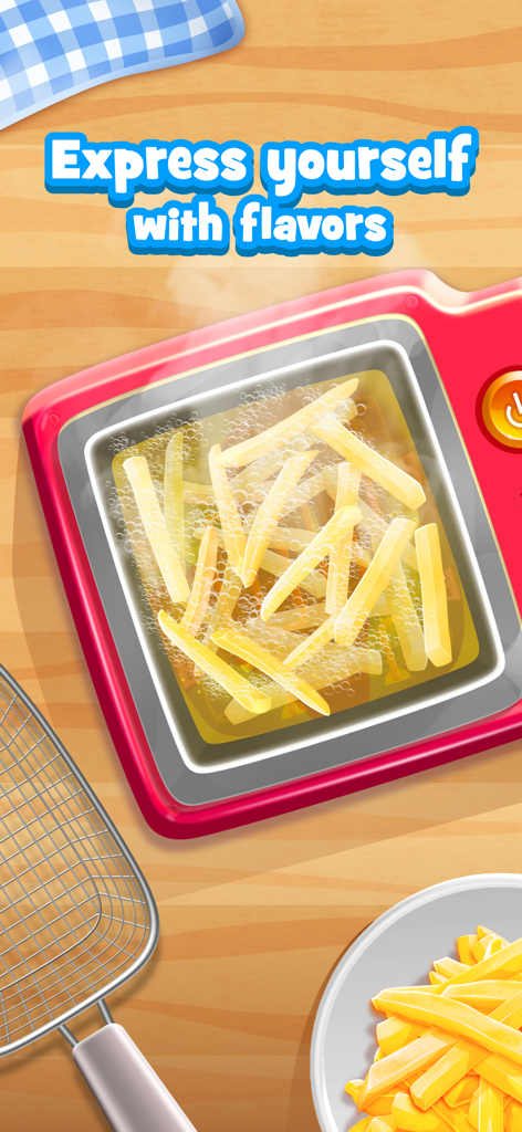 Kids Cooking Games & Baking - Una freidora digital cocinando papas fritas en una interfaz colorida de juego de cocina para niños