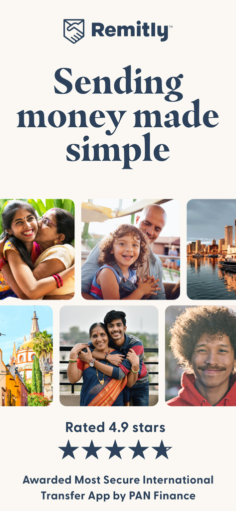 Remitly app screen with photos of families and the message Sending money made simple