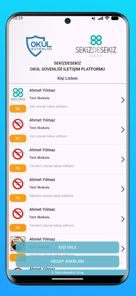 Okul Güvenliği - User interface of Okul Guvenligi app showing a list of students and staff for school security tracking