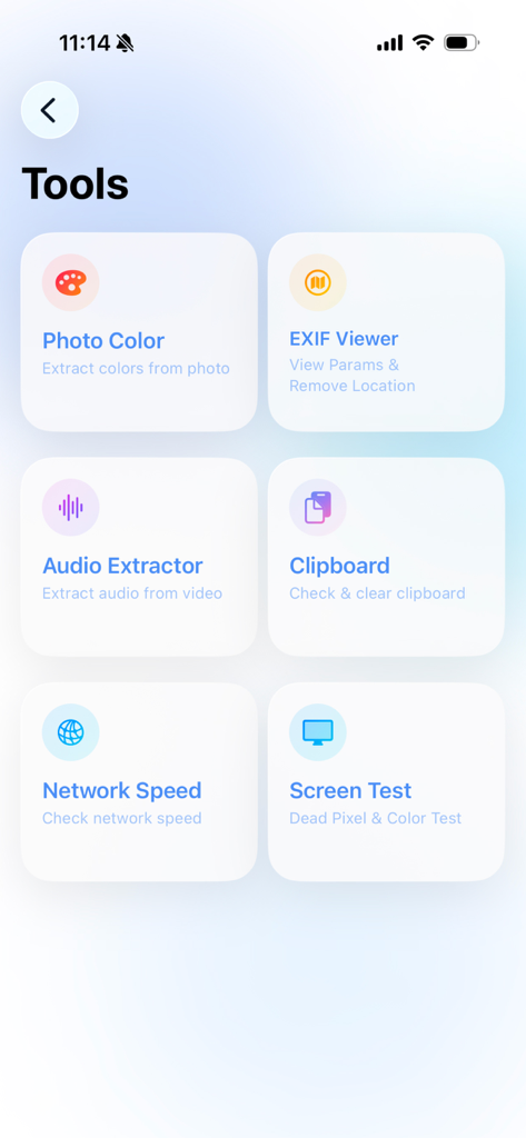 TidyLens - TidyLens app tools menu showing photo color extractor, EXIF viewer, and audio extractor features