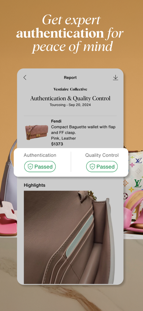 An authentication and quality control report for a Fendi designer wallet on the Vestiaire Collective app.