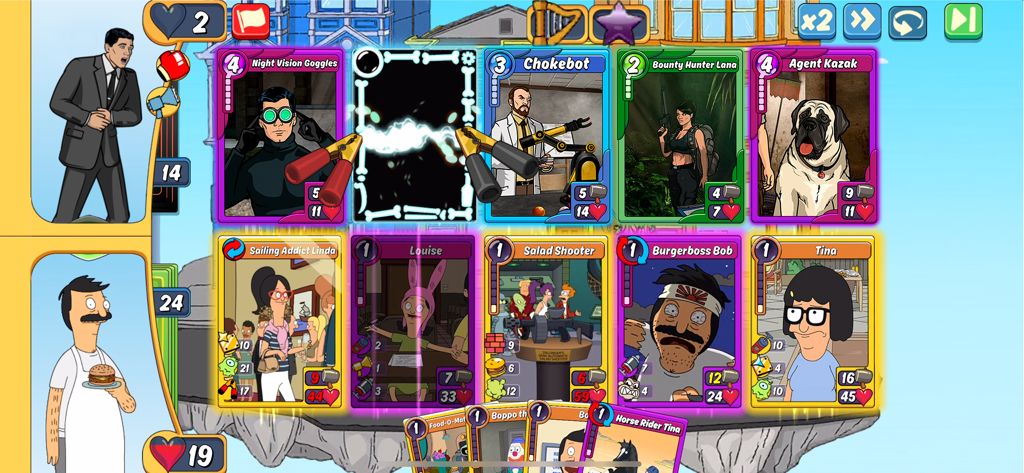 Animation Throwdown: CCG - Strategisches Kartenschlacht-Gameplay in Animation Throwdown CCG mit Charakteren aus Archer und Bob's Burgers.