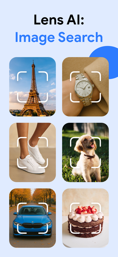 Lens: Reverse Image Search AI - Lens AI app interface demonstrating visual search for landmarks products fashion and pets