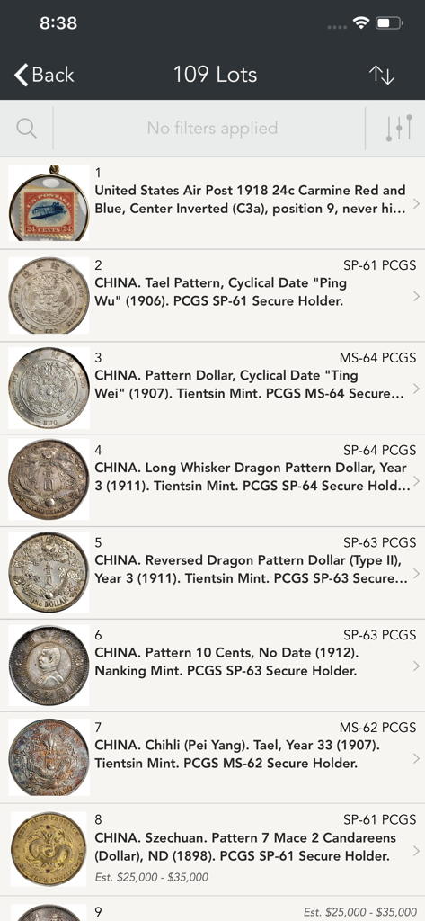 Stack's Bowers Galleries - Mobile app screen showing a list of rare coin and stamp auction lots with PCGS grading details