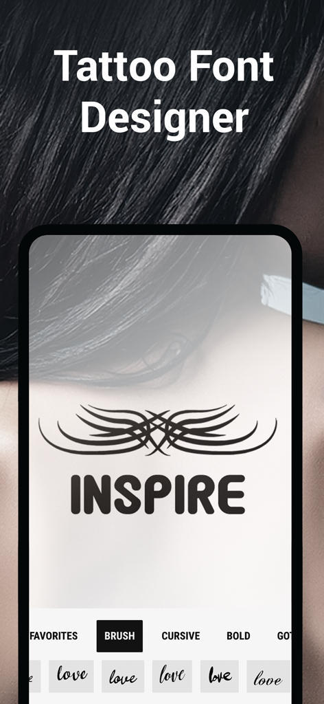 Mobile app interface for Tattoo Font Designer showing a custom tattoo design with the word INSPIRE and font style categories