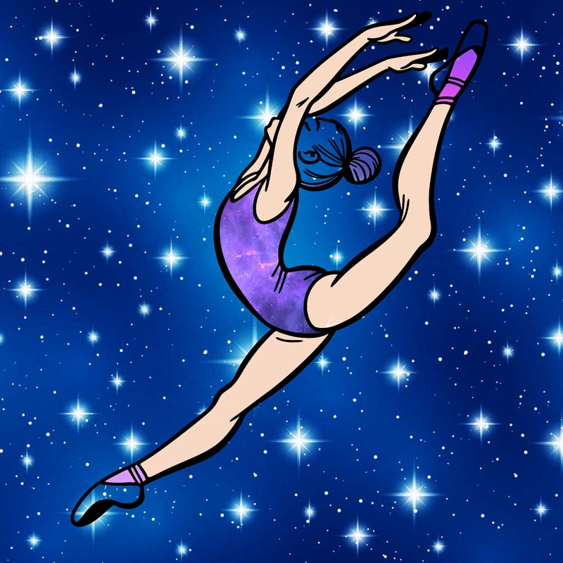 gymnast doing a leap in a leotard with a bent back leg