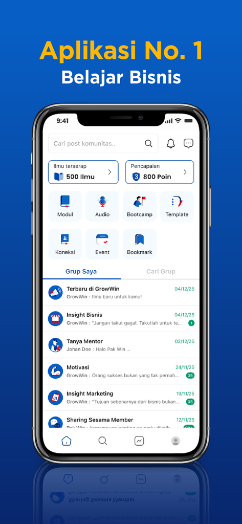 GrowWin by AsahPolaPikir - Tela inicial do aplicativo GrowWin apresentando módulos de negócios, bootcamps e insights da comunidade