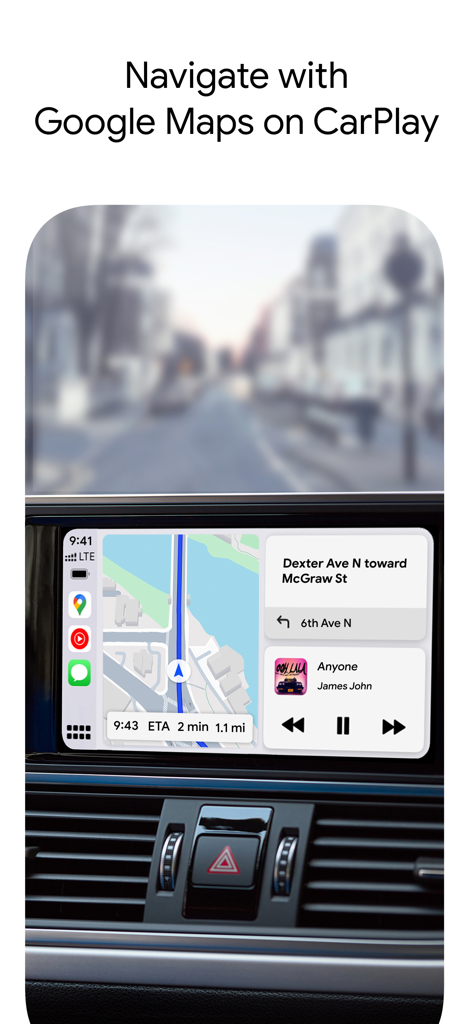 Google Maps Navigationsschnittstelle, angezeigt auf einem Apple CarPlay Auto-Armaturenbrett
