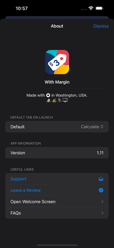 The About page of the With Margin app showing the application version and useful links like support and FAQs.