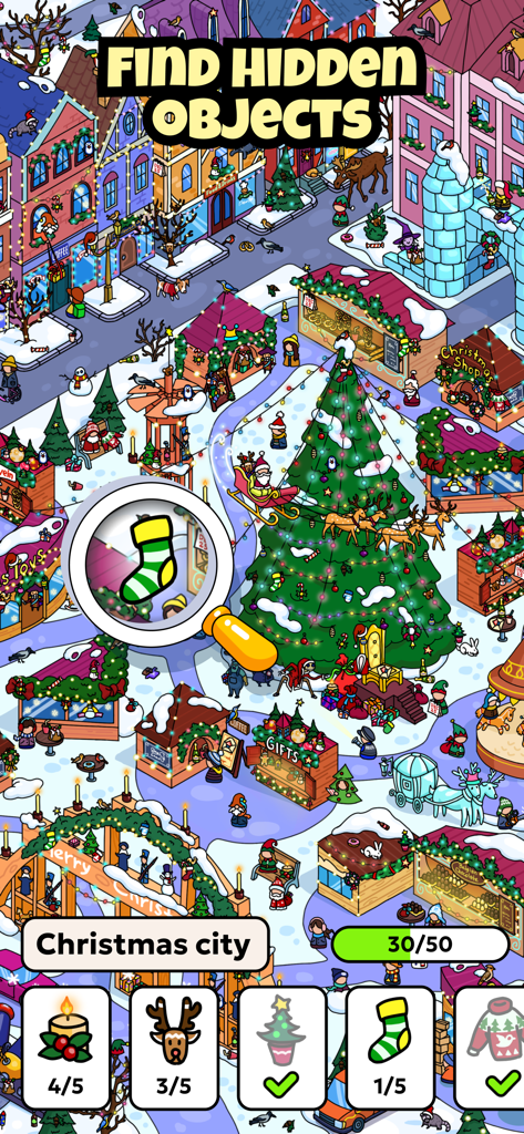 Screenshot di gioco di Hidden Objects The Journey con un livello cittadino natalizio festivo e una lente d'ingrandimento che trova un calzino nascosto.