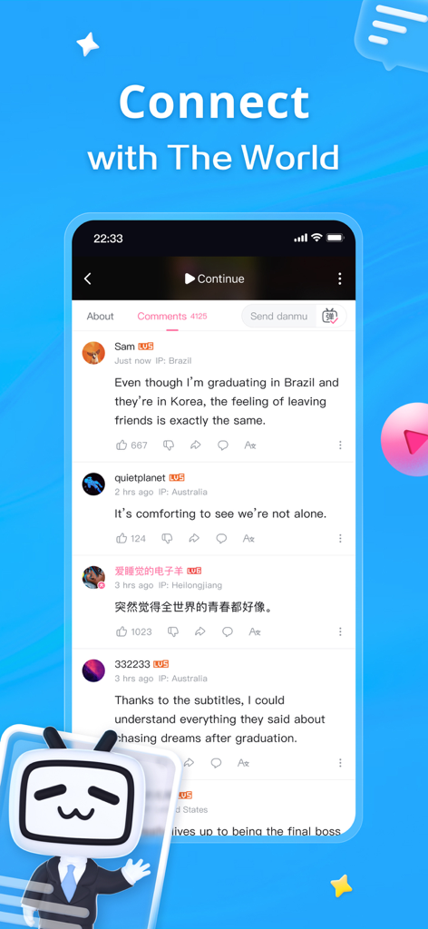 Ein Screenshot der Bilibili-App, der einen globalen Kommentarbereich zeigt, in dem sich Benutzer aus verschiedenen Ländern verbinden.