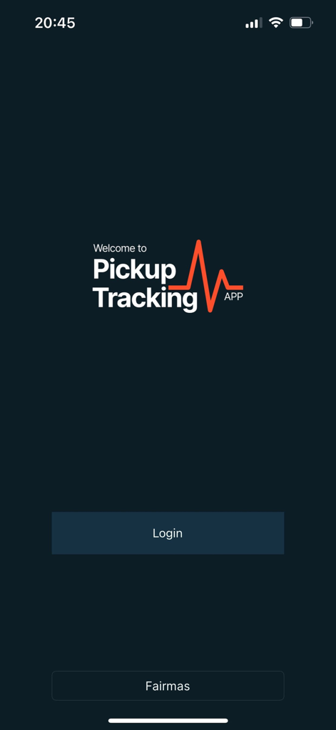 Login screen for Fairmas PickupTracking app showing the logo and a login button