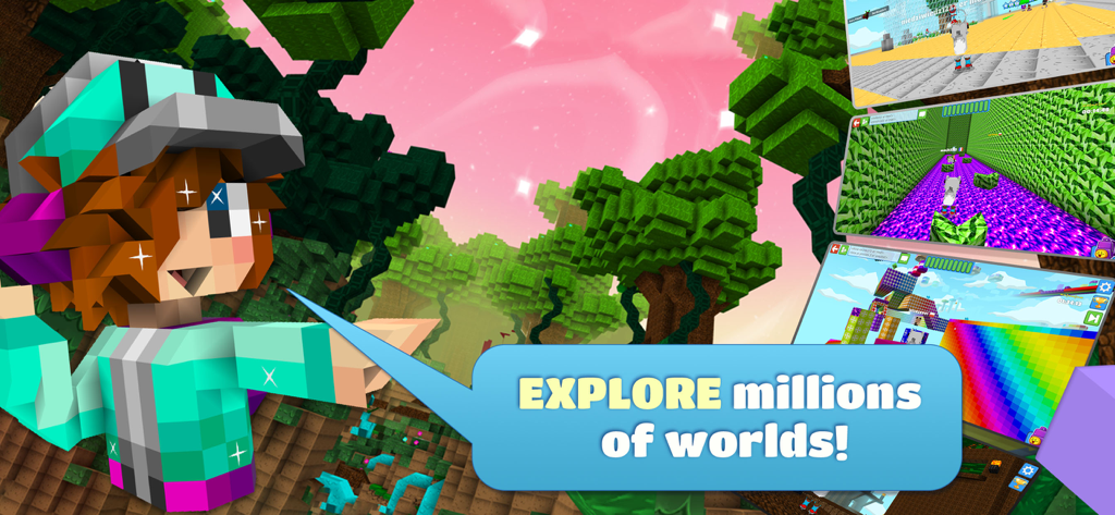 A blocky avatar in a lush voxel forest with text saying Explore millions of worlds and smaller game level previews