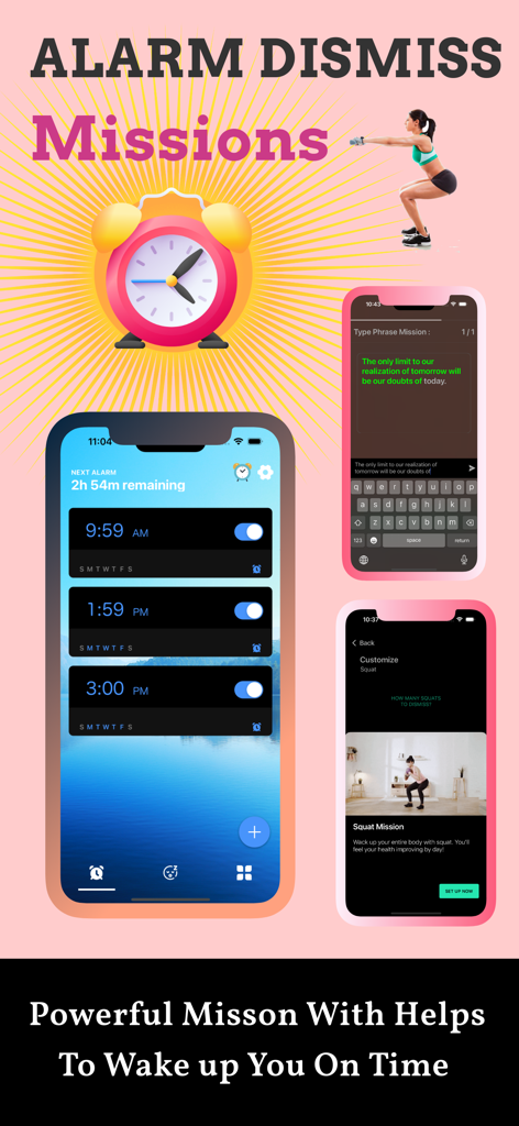Alarmy . Smart Alarm Clock - Alarmy intelligenter Wecker Benutzeroberfläche mit Tipp- und Kniebeugen-Aufgaben zum Quittieren von Alarmen