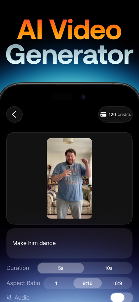 Swap Cast: AI Video - Interfaz móvil de la aplicación Swap Cast que muestra una indicación de texto para animar a un hombre de una foto usando generación de vídeo con IA