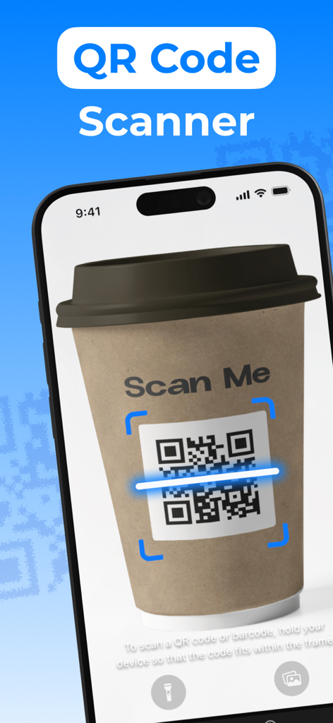 iPhone screen showing the QR Scanner app scanning a code on a coffee cup