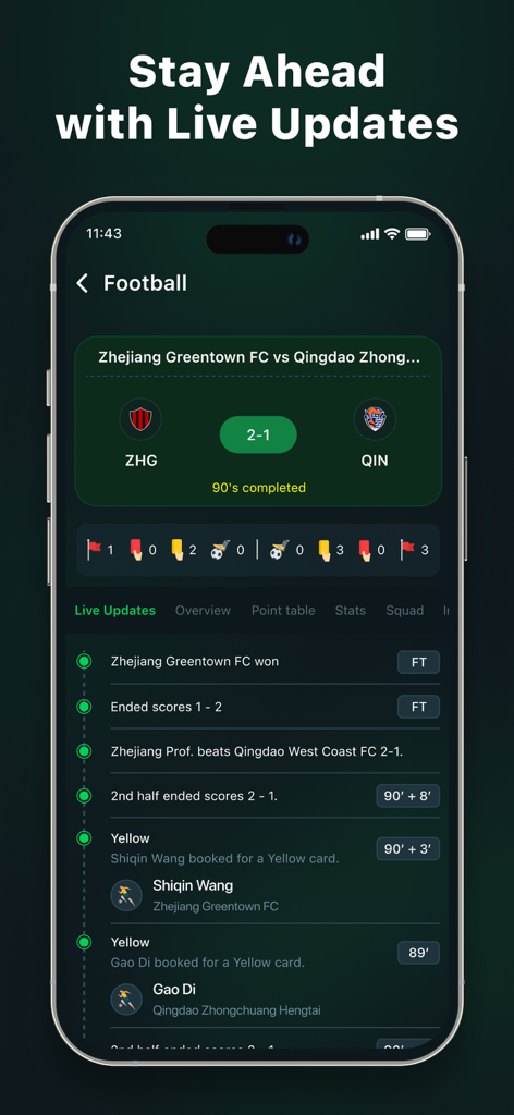 Live Football TV: Soccer Score - Interfaz de la aplicación Footly que muestra marcadores de partidos de fútbol en vivo y una línea de tiempo de eventos del juego en tiempo real.