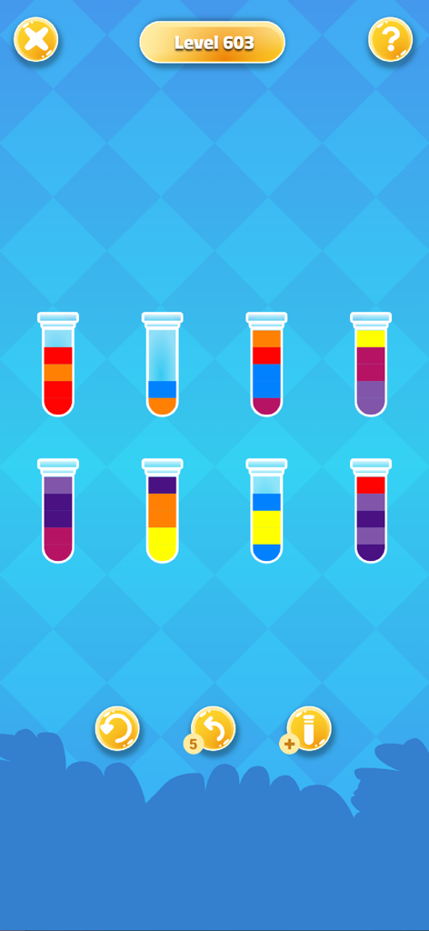 A liquid color sorting puzzle game screen at level 603 within the Al-Roznama app