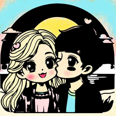 blonde haired girl kissing a boy with charming brown hair behind a sunset