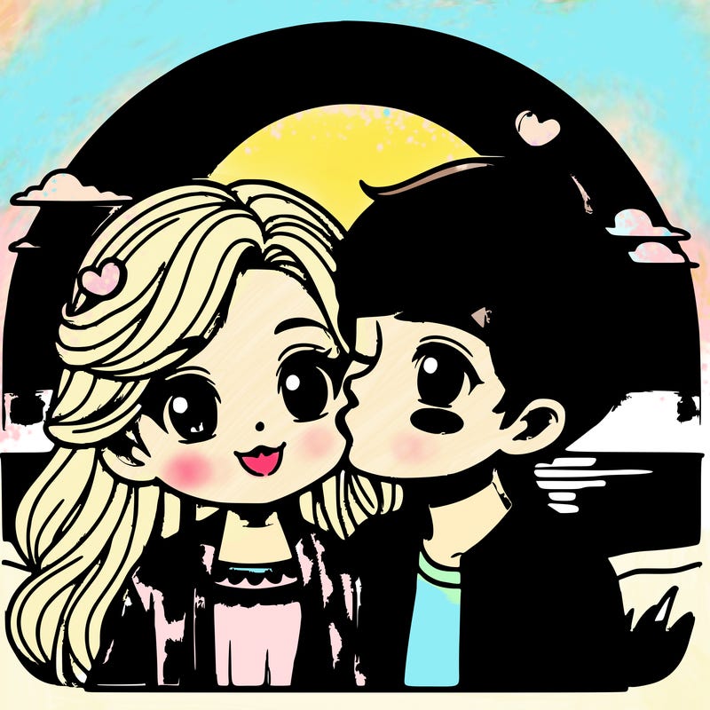 blonde haired girl kissing a boy with charming brown hair behind a sunset