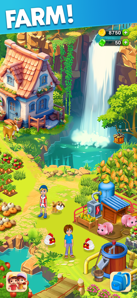 Skyberry Island: Family Farm - Personajes de pie en una exuberante granja de isla tropical con una cascada, cultivos y animales de granja