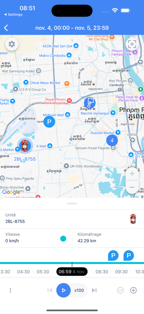 Europe Track - Real-time vehicle location tracking on a map in the Europe Track app with trip history playback controls