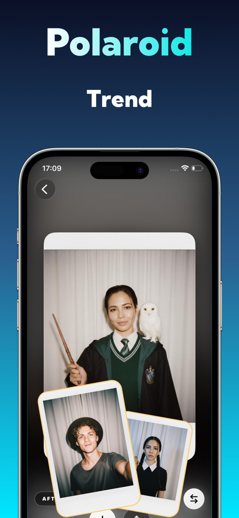 AI Photo Editor: Pixartia - Tela de um smartphone mostrando o aplicativo Pixartia com retratos em estilo Polaroid gerados por IA