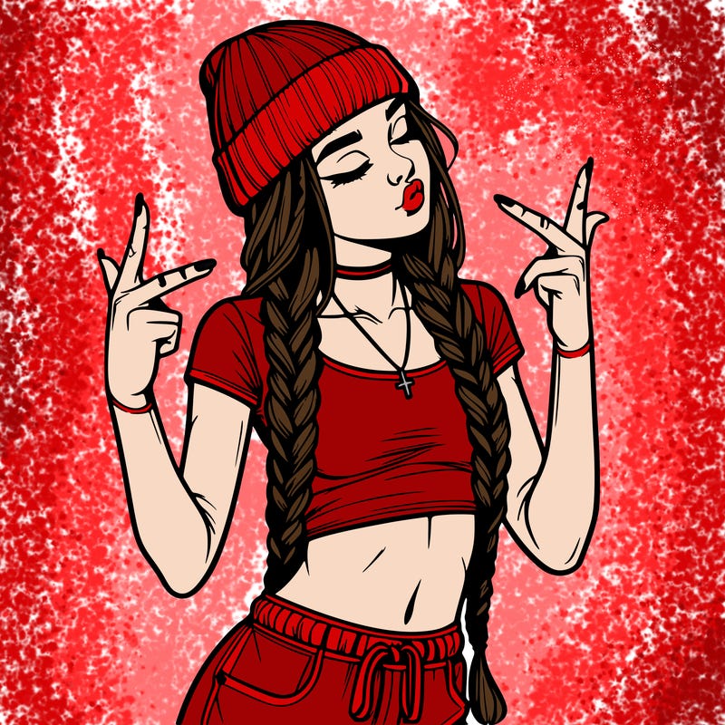 realistic teenage girl with braids and a beanie and crop top doing 🫶🏼