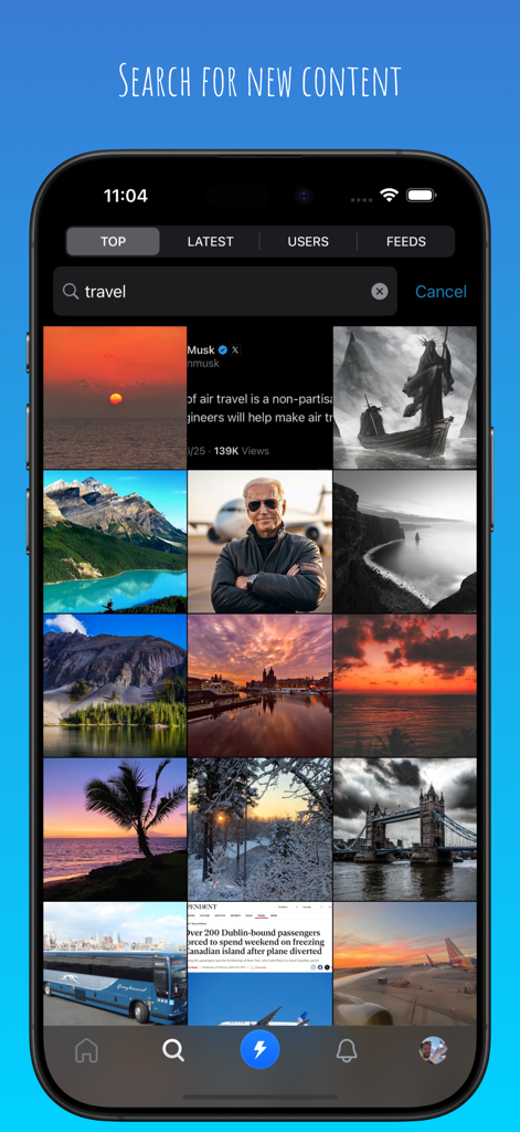 Flashes for Bluesky - Search interface of Flashes for Bluesky app showing travel themed image results in a grid.