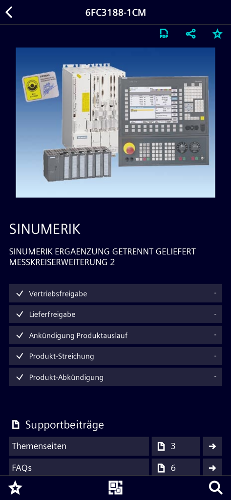 Industry Online Support - Siemens Industry Online Support app showing technical details and documentation for a SINUMERIK industrial control system