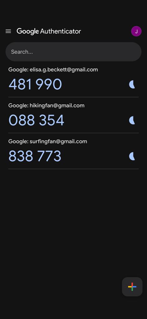 Interface of the Google Authenticator app displaying six-digit verification codes for multiple accounts.