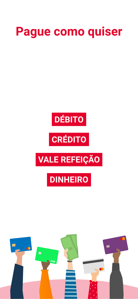 No Mercado - No Mercado app screen showing payment options for debit credit meal vouchers and cash with illustrations of hands holding cards and money