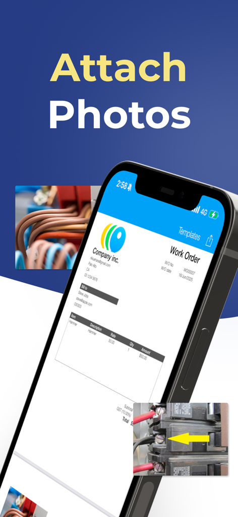 Estimate Maker, Contractor Pay - Smartphone screen displaying a work order with attached electrical job photos